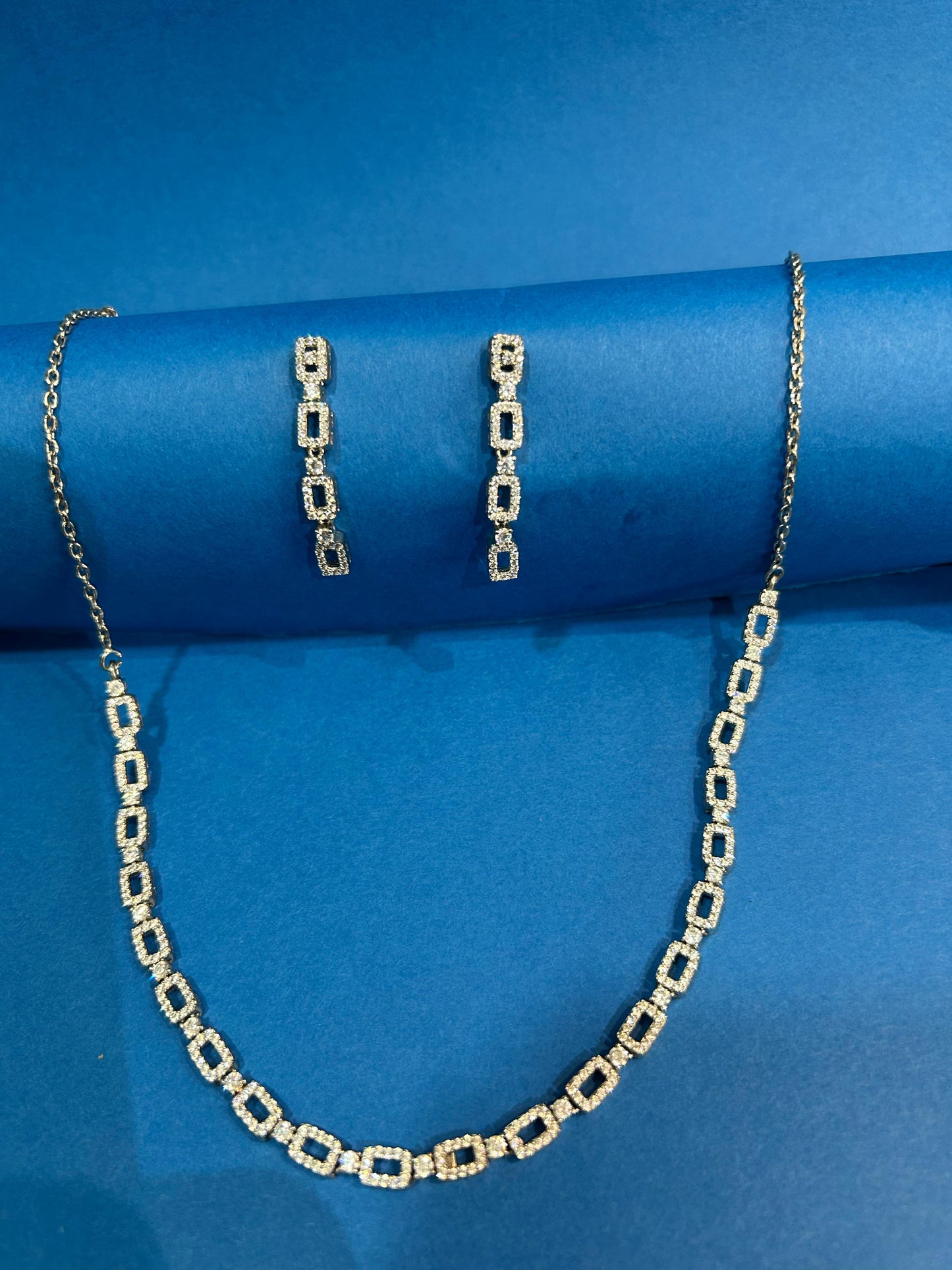 PRISHI Square Solitaire Diamond Necklace Set with Earrings