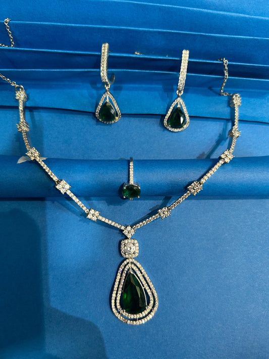 PRISHI Emerald Diamond Necklace Set with Earrings