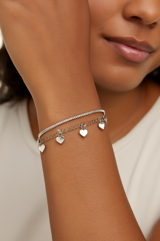 Double Layer Heart Charms Adjustable Tennis Bracelet